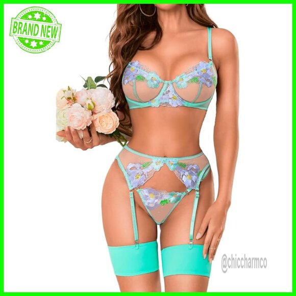 Sheer Lace Lingerie Set with Garter Belt Underwire Bra Size 8-10